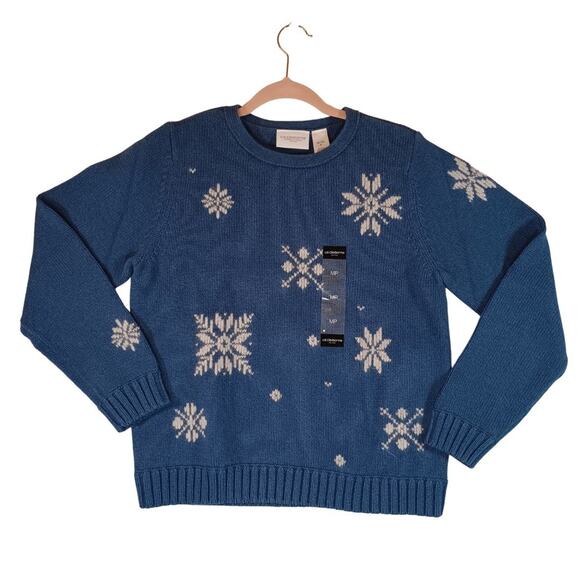 Liz Claiborne Crewneck Snowflake Sweater MP Medium Petite Blue White Cotton NEW - Picture 1 of 6